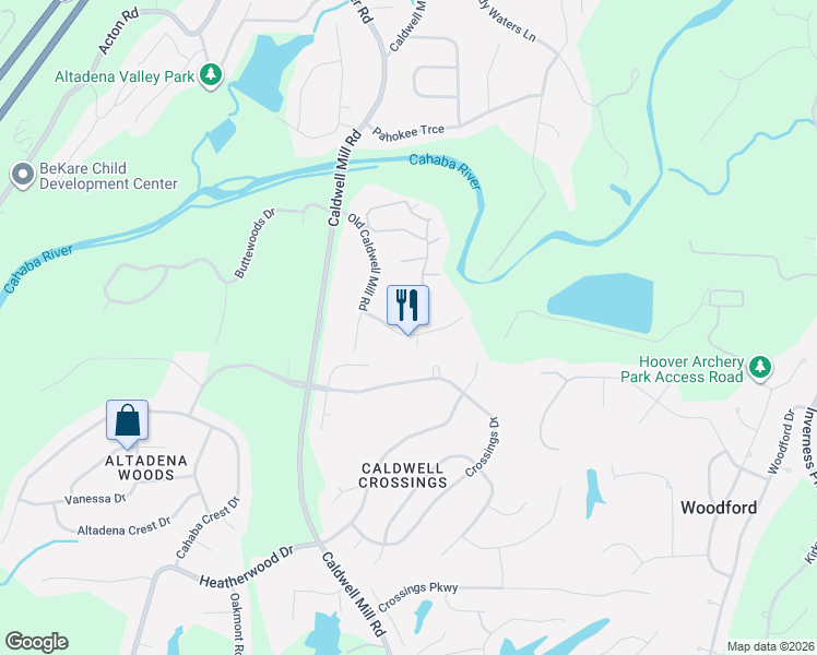 map of restaurants, bars, coffee shops, grocery stores, and more near 4825 Riverwood Place in Birmingham