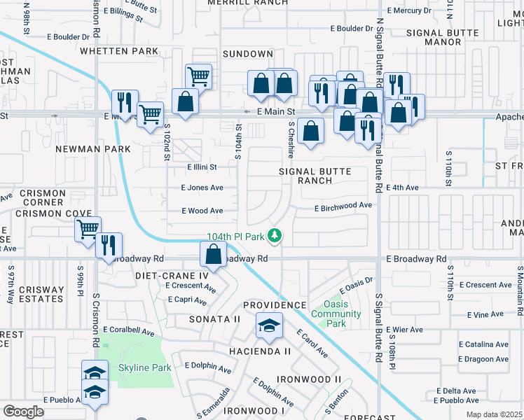 map of restaurants, bars, coffee shops, grocery stores, and more near 10437 East Birchwood Avenue in Mesa