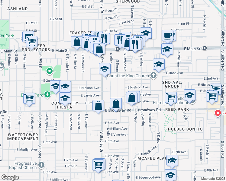 map of restaurants, bars, coffee shops, grocery stores, and more near 219 South Allen in Mesa