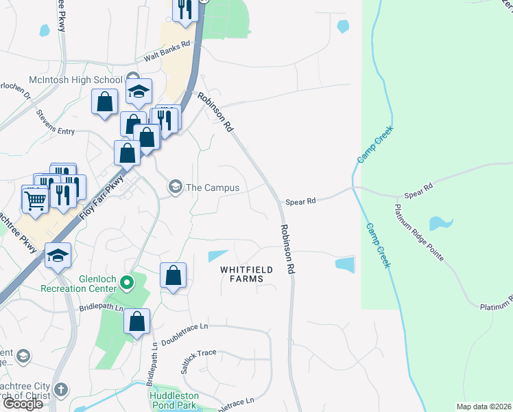 map of restaurants, bars, coffee shops, grocery stores, and more near 103 Timber Ridge in Peachtree City