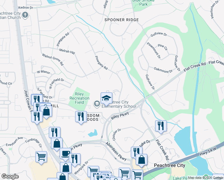 map of restaurants, bars, coffee shops, grocery stores, and more near 36 Cobblestone Creek in Peachtree City
