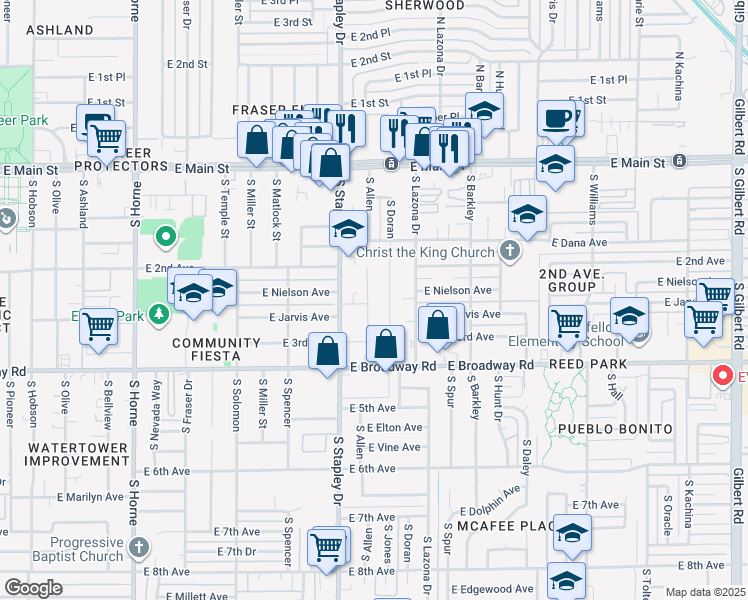 map of restaurants, bars, coffee shops, grocery stores, and more near 219 South Allen in Mesa