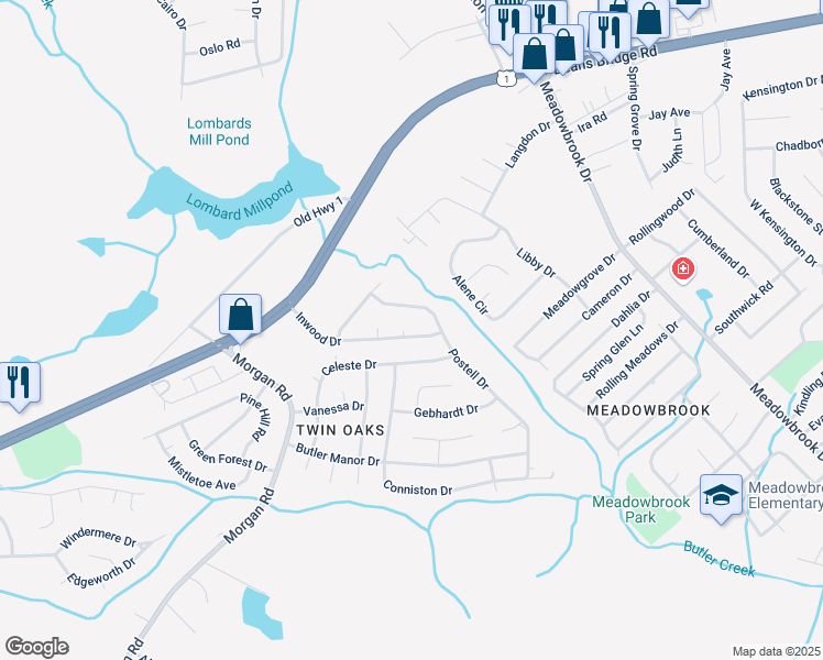 map of restaurants, bars, coffee shops, grocery stores, and more near 2907 Inwood Place in Hephzibah