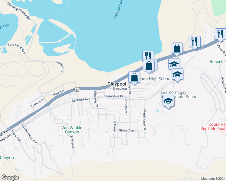 map of restaurants, bars, coffee shops, grocery stores, and more near in Claypool