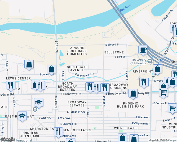 map of restaurants, bars, coffee shops, grocery stores, and more near 2701 East Jones Avenue in Phoenix