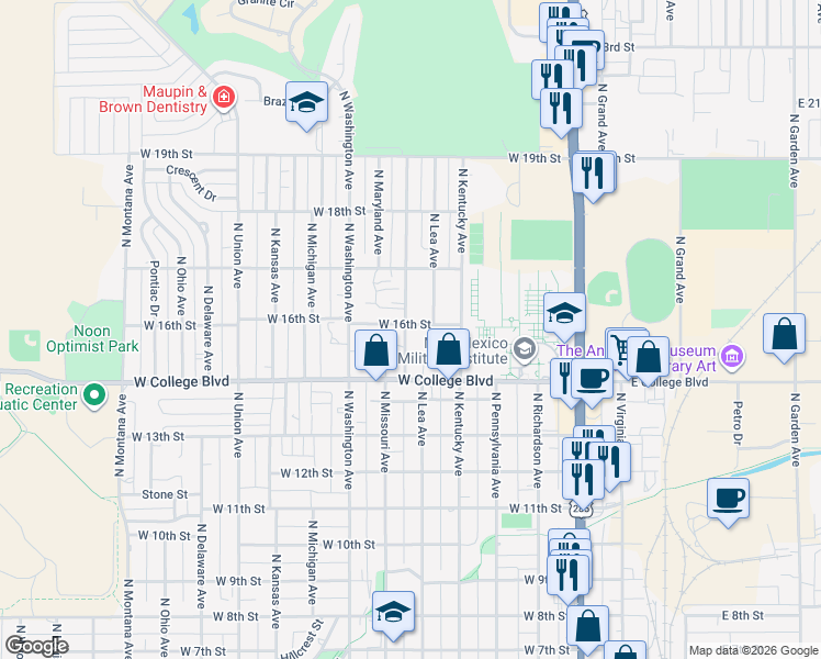 map of restaurants, bars, coffee shops, grocery stores, and more near 1521 North Missouri Avenue in Roswell