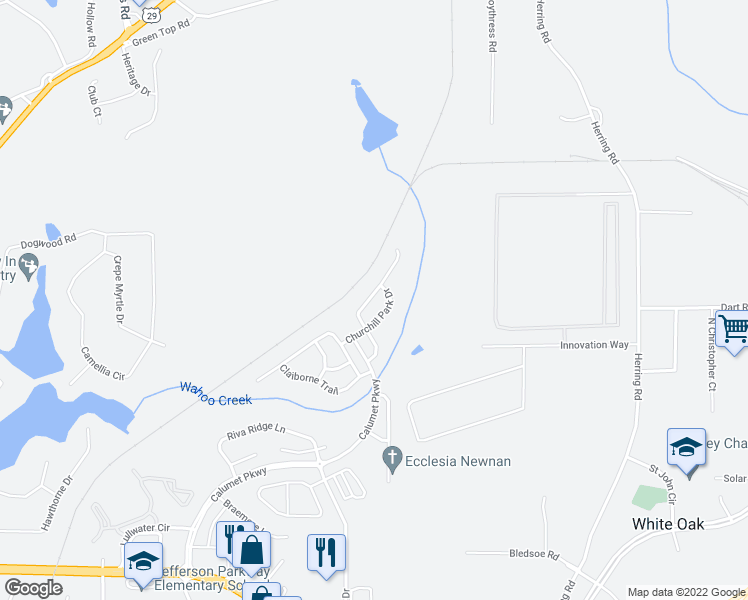 map of restaurants, bars, coffee shops, grocery stores, and more near 53 Stony Oak Drive in Newnan