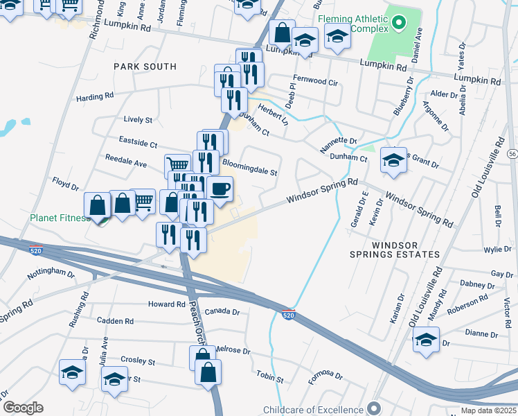 map of restaurants, bars, coffee shops, grocery stores, and more near 3041 Brighton Street in Augusta