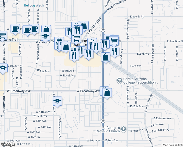 map of restaurants, bars, coffee shops, grocery stores, and more near 447-499 4th Ave in Apache Junction