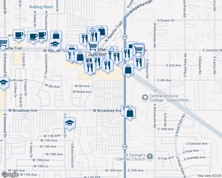 map of restaurants, bars, coffee shops, grocery stores, and more near 447-499 4th Ave in Apache Junction