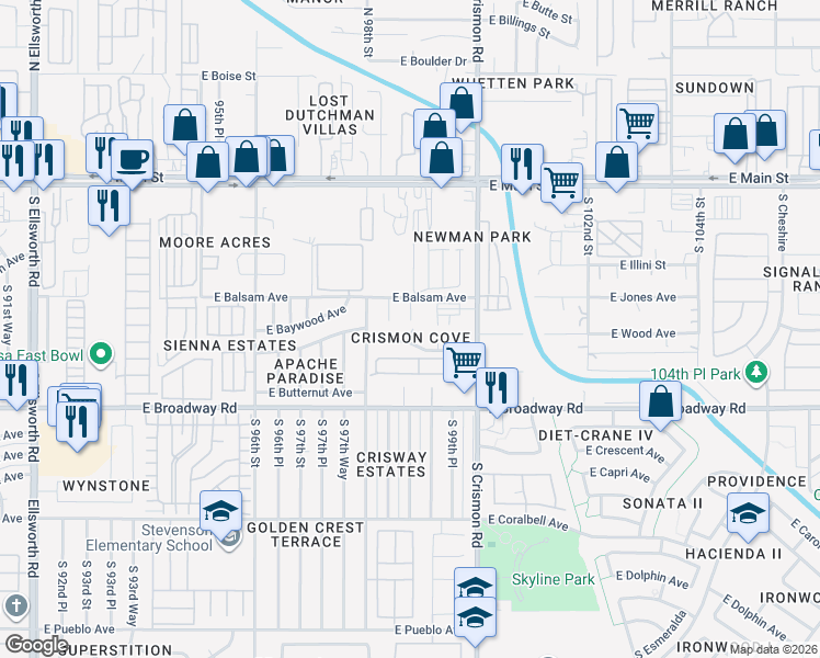 map of restaurants, bars, coffee shops, grocery stores, and more near 215 South 98th Way in Mesa