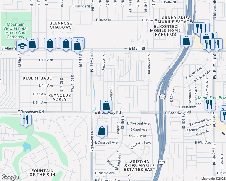map of restaurants, bars, coffee shops, grocery stores, and more near 213 South 85th Street in Mesa