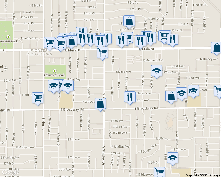 map of restaurants, bars, coffee shops, grocery stores, and more near 219 South Allen in Mesa