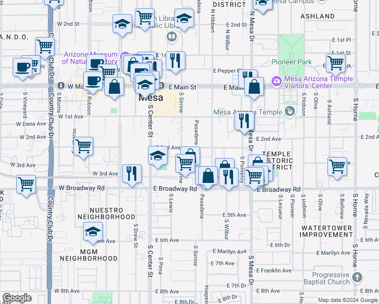 map of restaurants, bars, coffee shops, grocery stores, and more near 108 East 2nd Avenue in Mesa