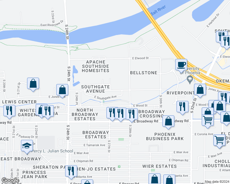 map of restaurants, bars, coffee shops, grocery stores, and more near 2730 East Jones Avenue in Phoenix