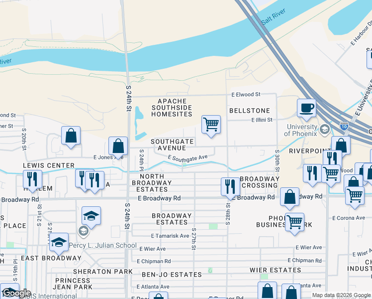 map of restaurants, bars, coffee shops, grocery stores, and more near 2625 East Illini Street in Phoenix