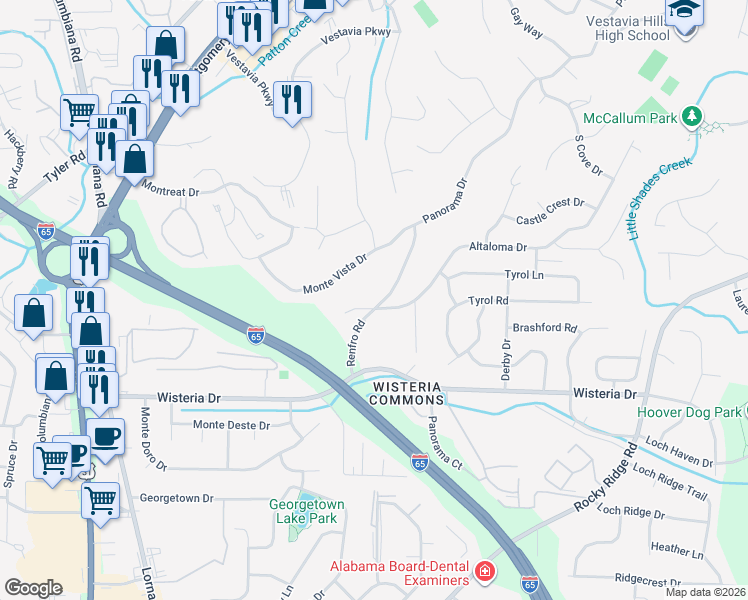map of restaurants, bars, coffee shops, grocery stores, and more near 2441 Monte Vista Drive in Vestavia Hills