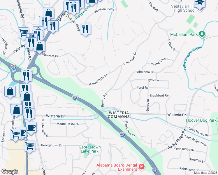 map of restaurants, bars, coffee shops, grocery stores, and more near 2441 Monte Vista Drive in Vestavia Hills