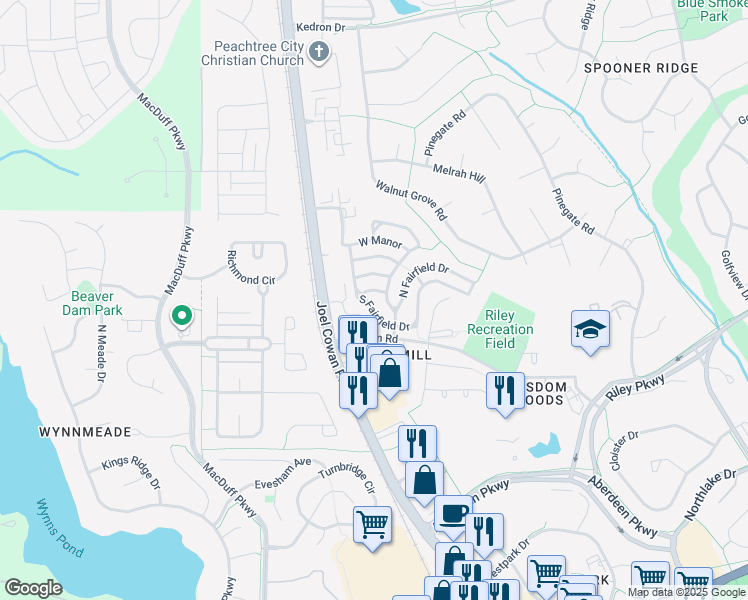 map of restaurants, bars, coffee shops, grocery stores, and more near 206 Birch Road in Peachtree City