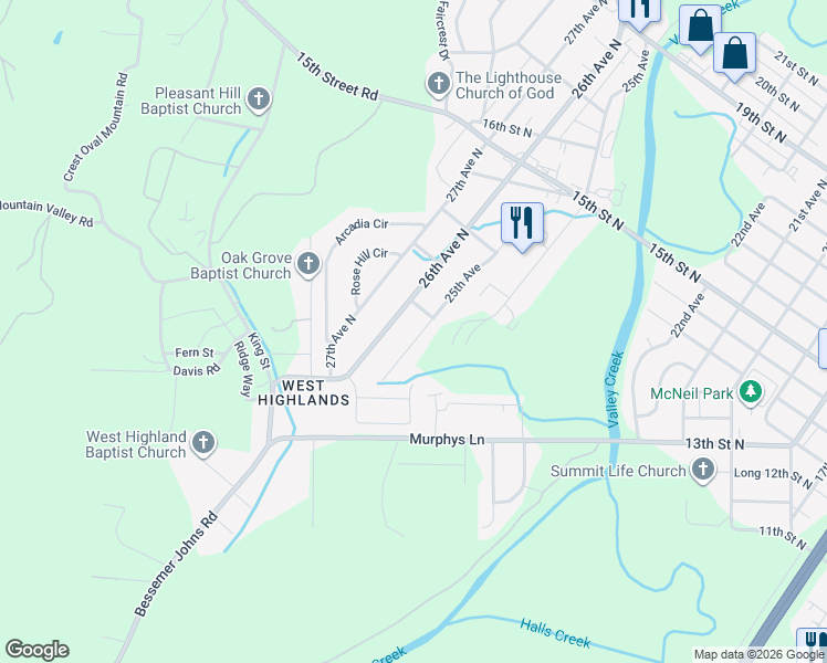 map of restaurants, bars, coffee shops, grocery stores, and more near 1060 25th Avenue in Hueytown