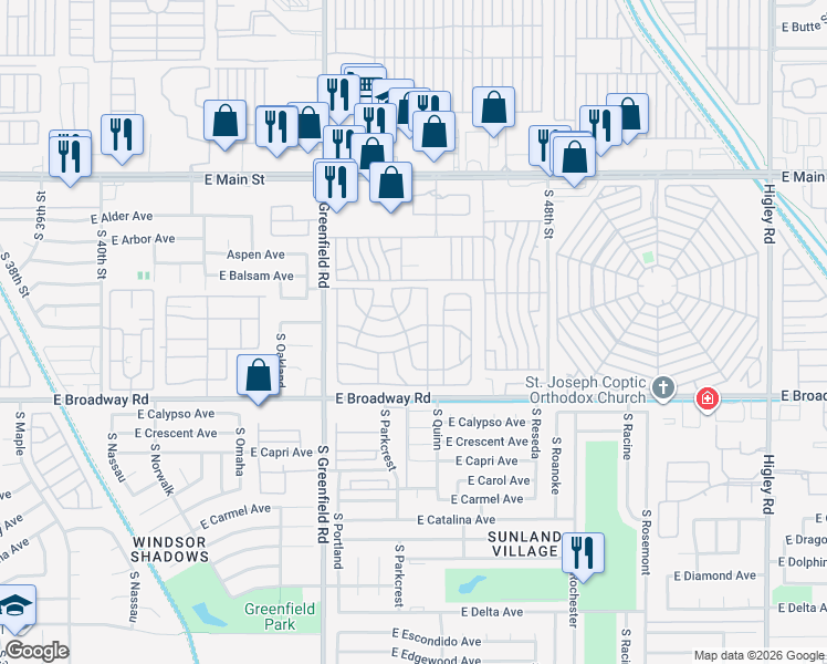 map of restaurants, bars, coffee shops, grocery stores, and more near Circ Bude Street in Mesa