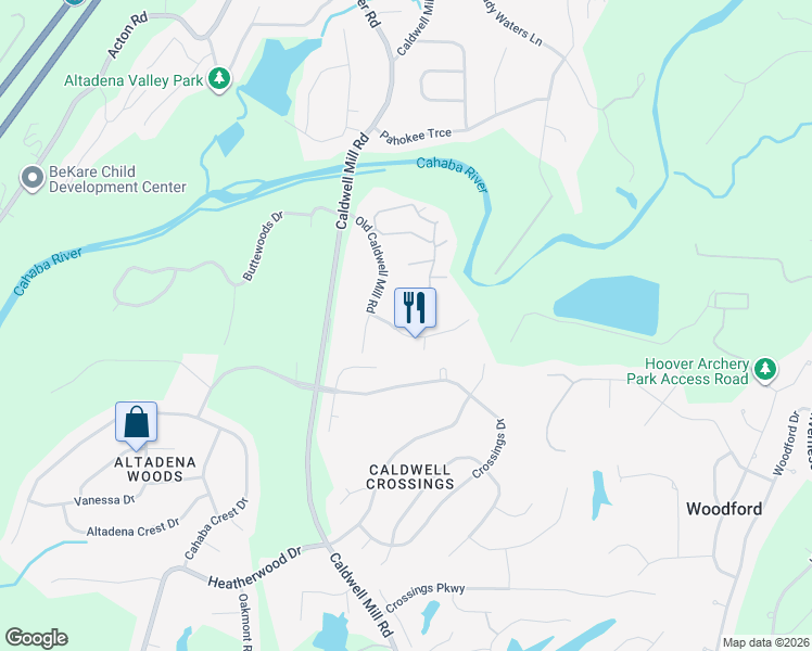 map of restaurants, bars, coffee shops, grocery stores, and more near 4861 Riverwood Place in Birmingham