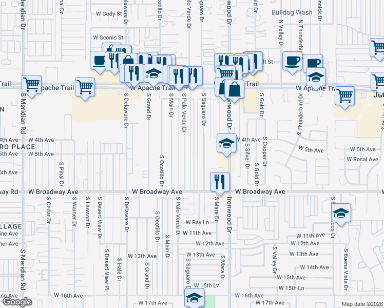 map of restaurants, bars, coffee shops, grocery stores, and more near 443 South Palo Verde Drive in Apache Junction