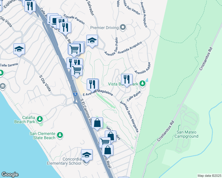 map of restaurants, bars, coffee shops, grocery stores, and more near 405 Avenida Crespi in San Clemente