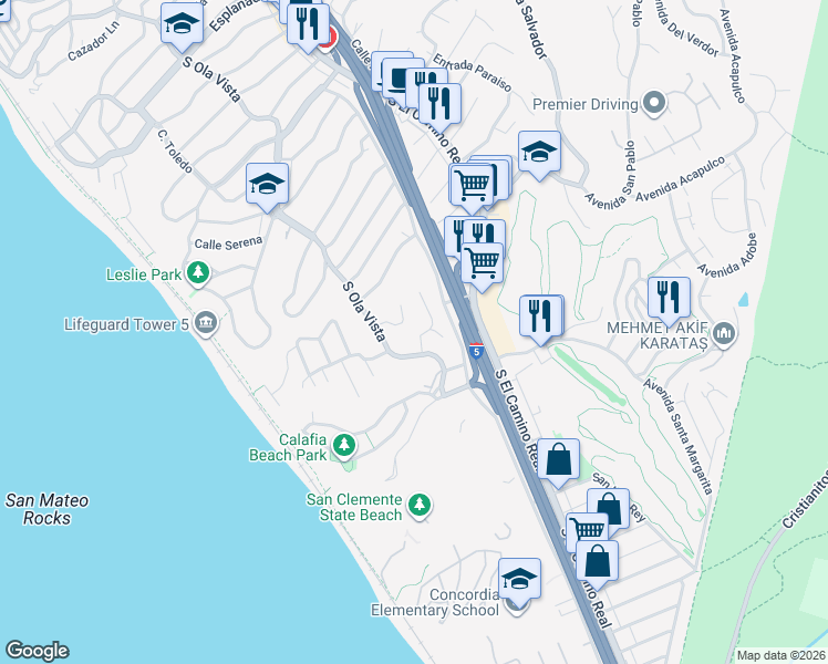 map of restaurants, bars, coffee shops, grocery stores, and more near 109 Calle Del Pacifico in San Clemente