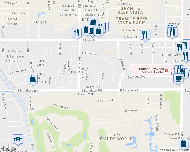 map of restaurants, bars, coffee shops, grocery stores, and more near Ocotillo Ave in Mesa