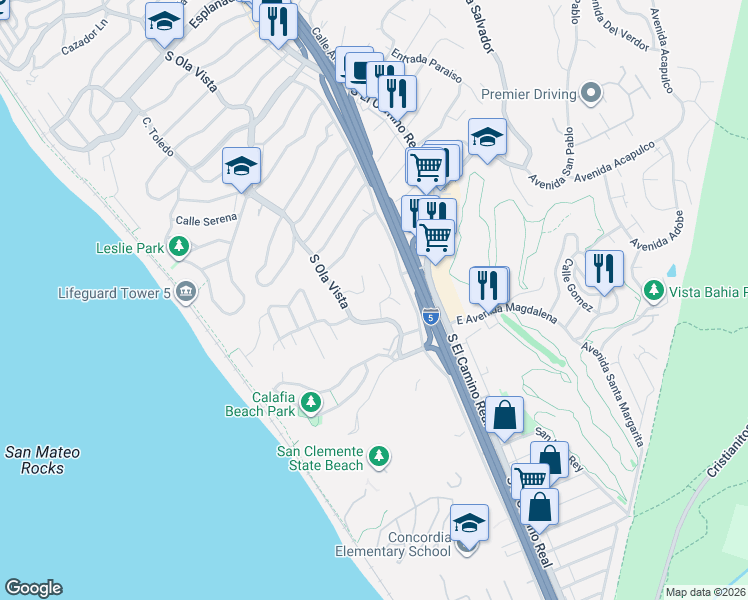 map of restaurants, bars, coffee shops, grocery stores, and more near 109 Calle Del Pacifico in San Clemente