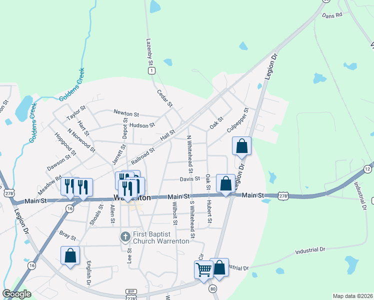 map of restaurants, bars, coffee shops, grocery stores, and more near 243 North Whitehead Street in Warrenton