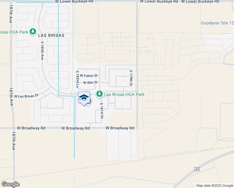 map of restaurants, bars, coffee shops, grocery stores, and more near 18049 West Vista Norte Street in Goodyear