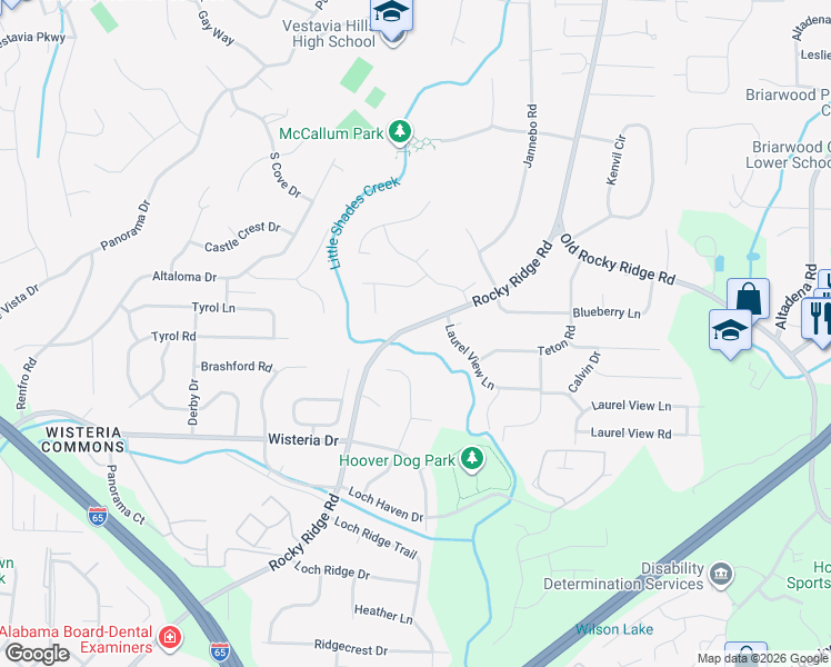 map of restaurants, bars, coffee shops, grocery stores, and more near 2334 Rocky Ridge Road in Vestavia Hills