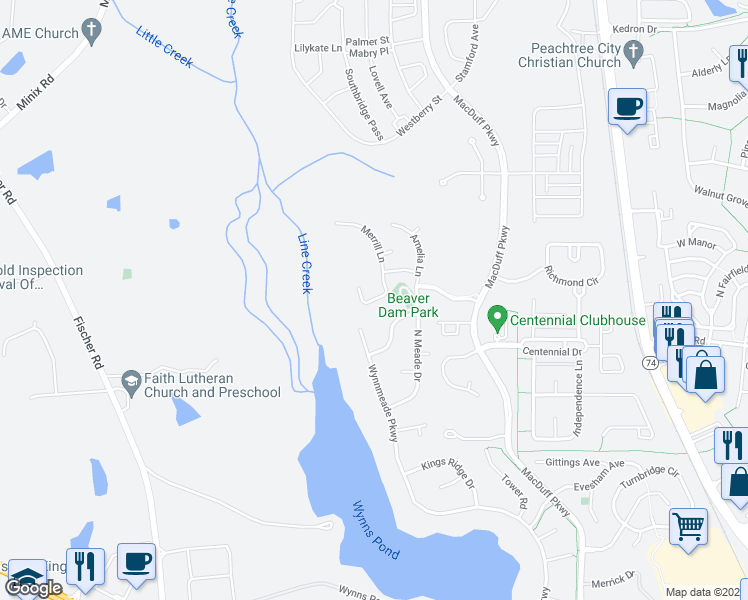 map of restaurants, bars, coffee shops, grocery stores, and more near 707 Pine Grove Circle in Peachtree City