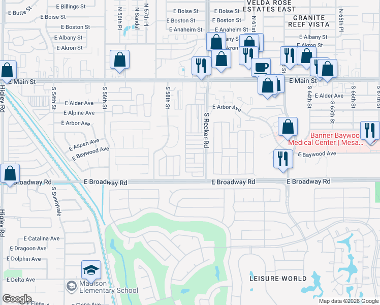 map of restaurants, bars, coffee shops, grocery stores, and more near 75 6th Street in Mesa