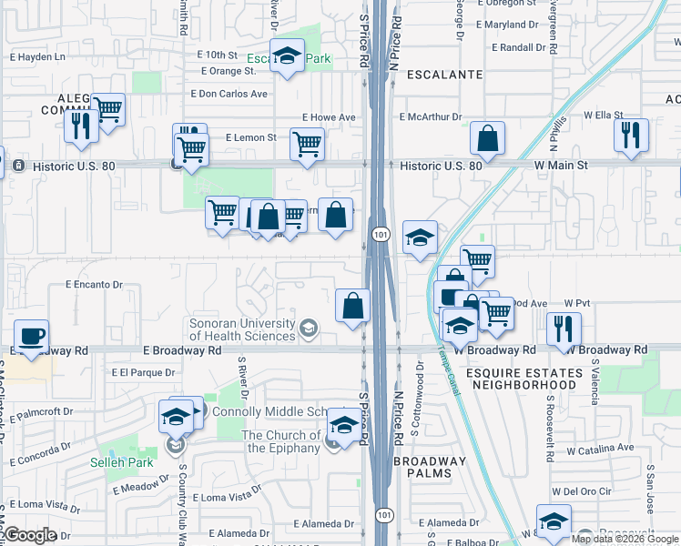 map of restaurants, bars, coffee shops, grocery stores, and more near 1520 South Price Road in Tempe