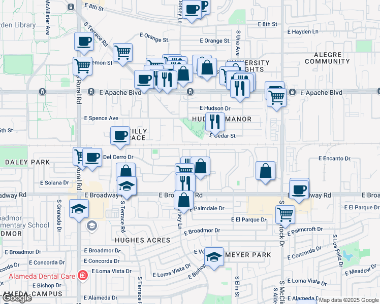 map of restaurants, bars, coffee shops, grocery stores, and more near East Apartment in Tempe