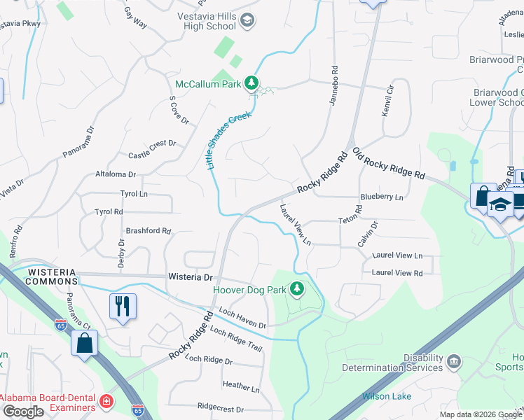 map of restaurants, bars, coffee shops, grocery stores, and more near 2334 Rocky Ridge Road in Vestavia Hills