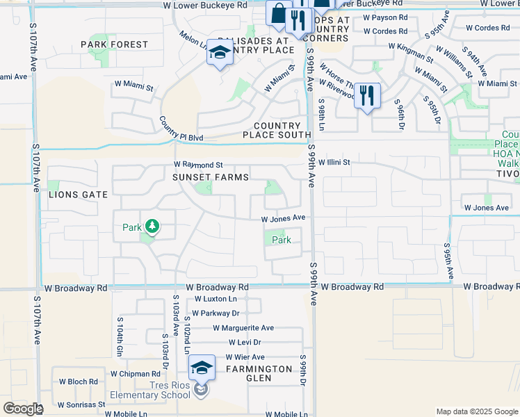 map of restaurants, bars, coffee shops, grocery stores, and more near 10021 West Albeniz Place in Tolleson