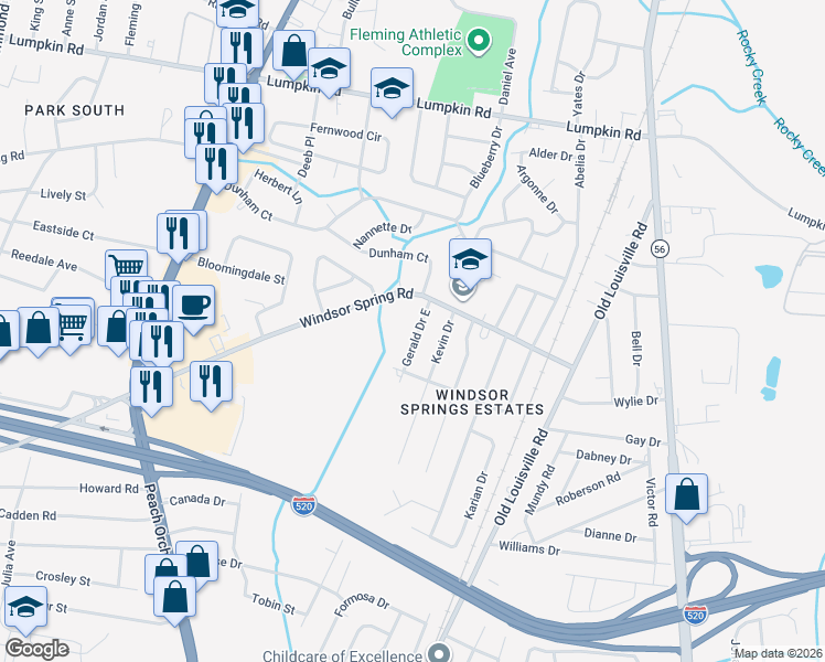 map of restaurants, bars, coffee shops, grocery stores, and more near 1902 Windsor Spring Road in Augusta