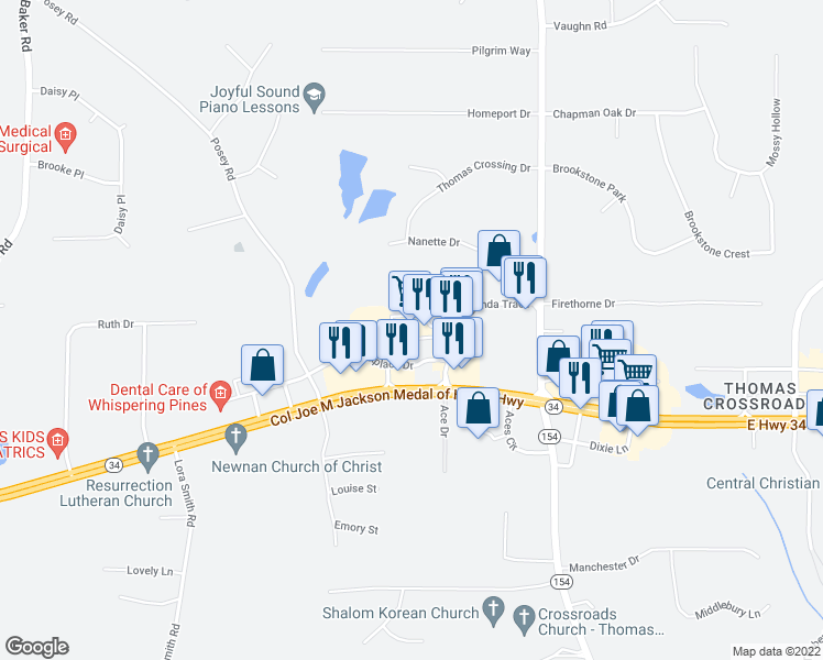map of restaurants, bars, coffee shops, grocery stores, and more near 90 Glenda Trace in Newnan