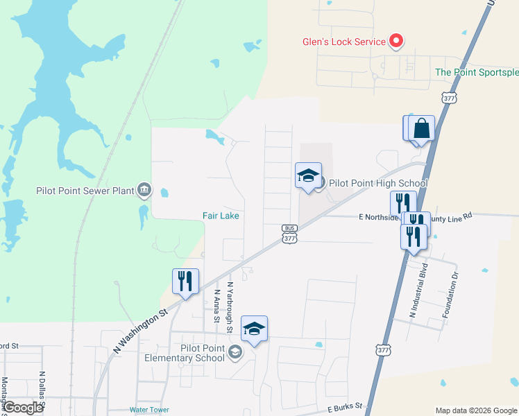 map of restaurants, bars, coffee shops, grocery stores, and more near 1304 High Point Drive in Pilot Point
