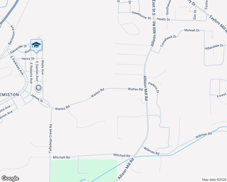map of restaurants, bars, coffee shops, grocery stores, and more near 223 Waites Road in Talladega