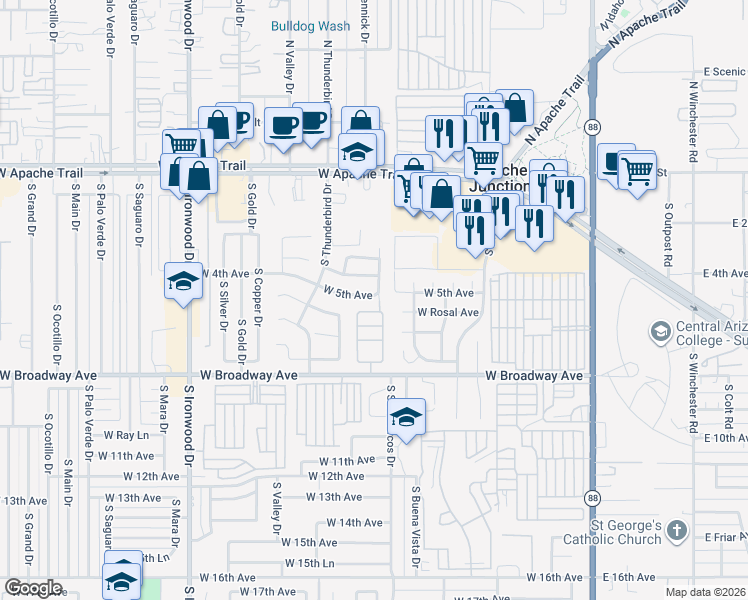 map of restaurants, bars, coffee shops, grocery stores, and more near 441 South Cardinal Drive in Apache Junction