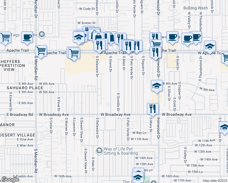 map of restaurants, bars, coffee shops, grocery stores, and more near 435 South Grand Drive in Apache Junction