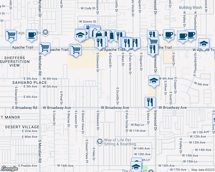 map of restaurants, bars, coffee shops, grocery stores, and more near 435 South Grand Drive in Apache Junction