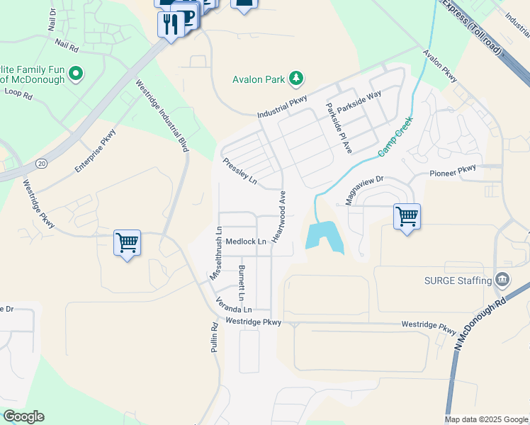 map of restaurants, bars, coffee shops, grocery stores, and more near 2503 Colin Place in McDonough