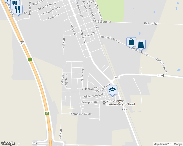 map of restaurants, bars, coffee shops, grocery stores, and more near 1501 San Carlos Drive in Van Alstyne