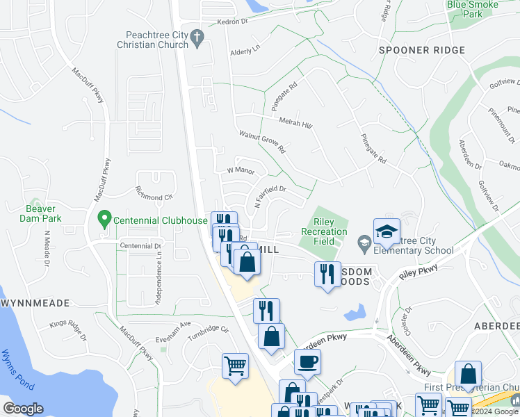 map of restaurants, bars, coffee shops, grocery stores, and more near 612 North Fairfield Drive in Peachtree City